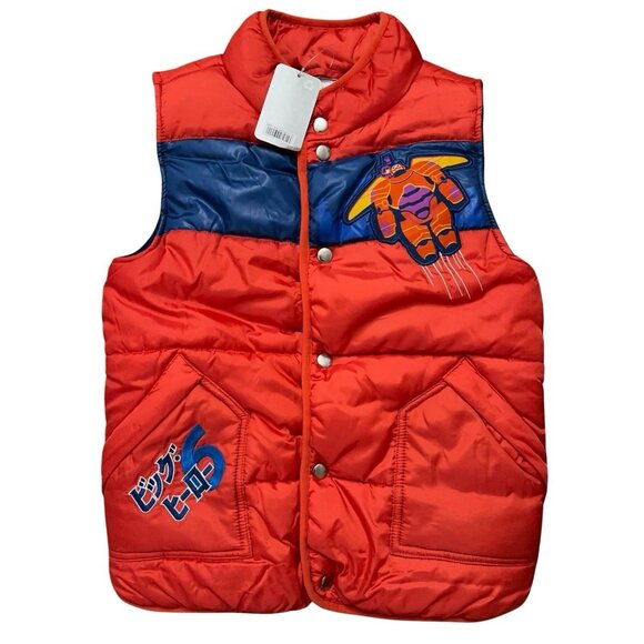 Disney Store Japan Big Hero 6 Puffer Vest Kids Size 7/8 Snap Button Orange NEW - Picture 1 of 5